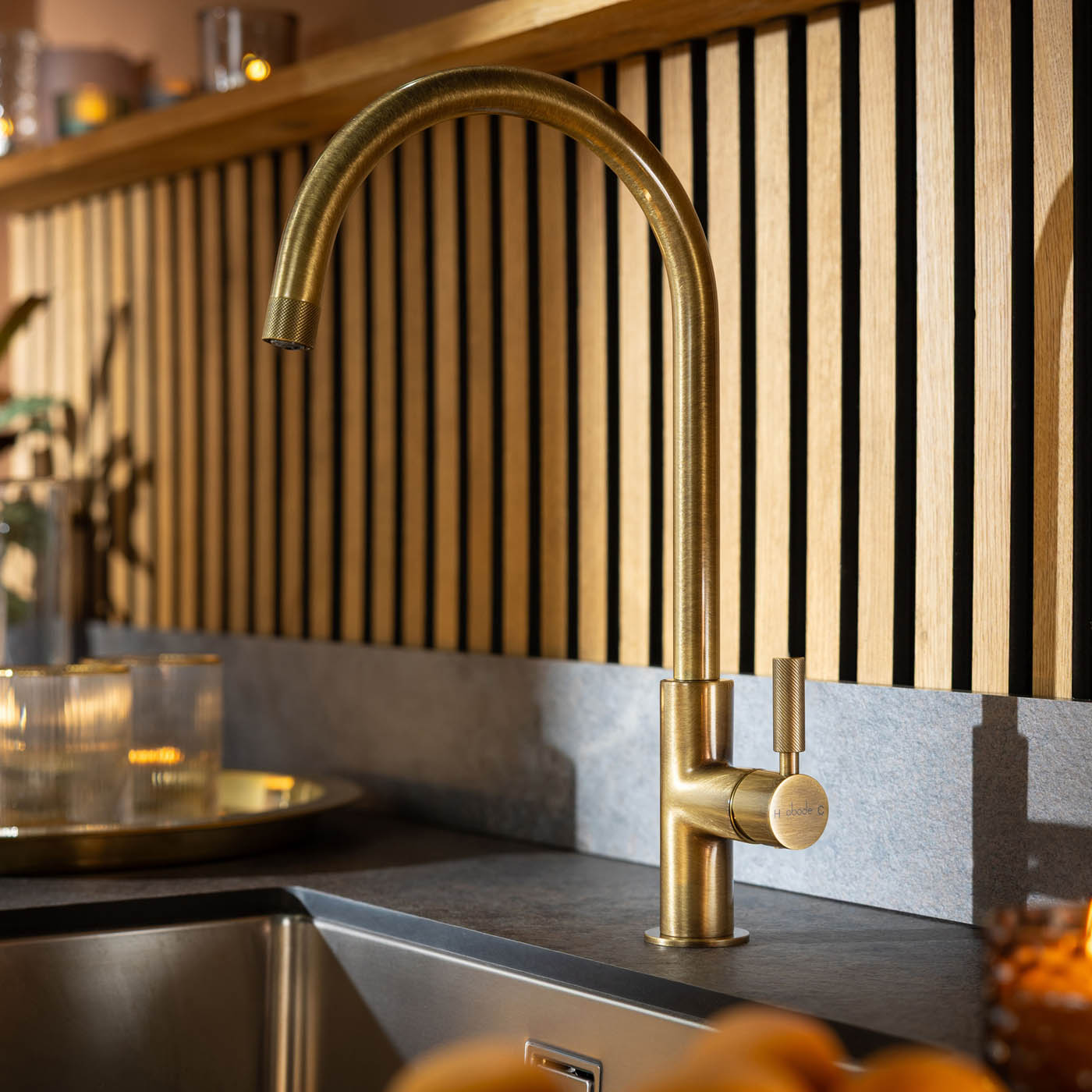 Abode Kitchen Sink Tap Knurle Antique Brass Effect Side Lever Swan Neck Faucet - Image 2