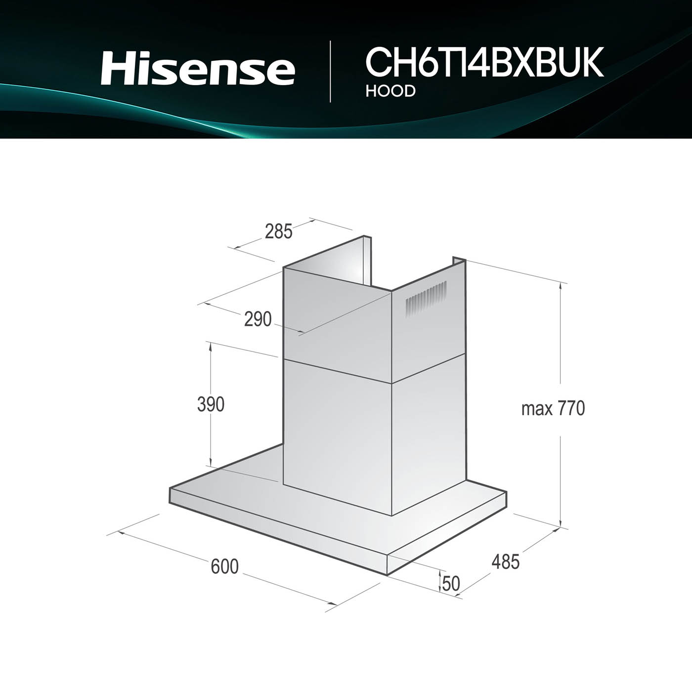 Hisense CH6T14BXBUK Steel Chimney Cooker hood (W)60cm - Stainless steel effect - Image 3