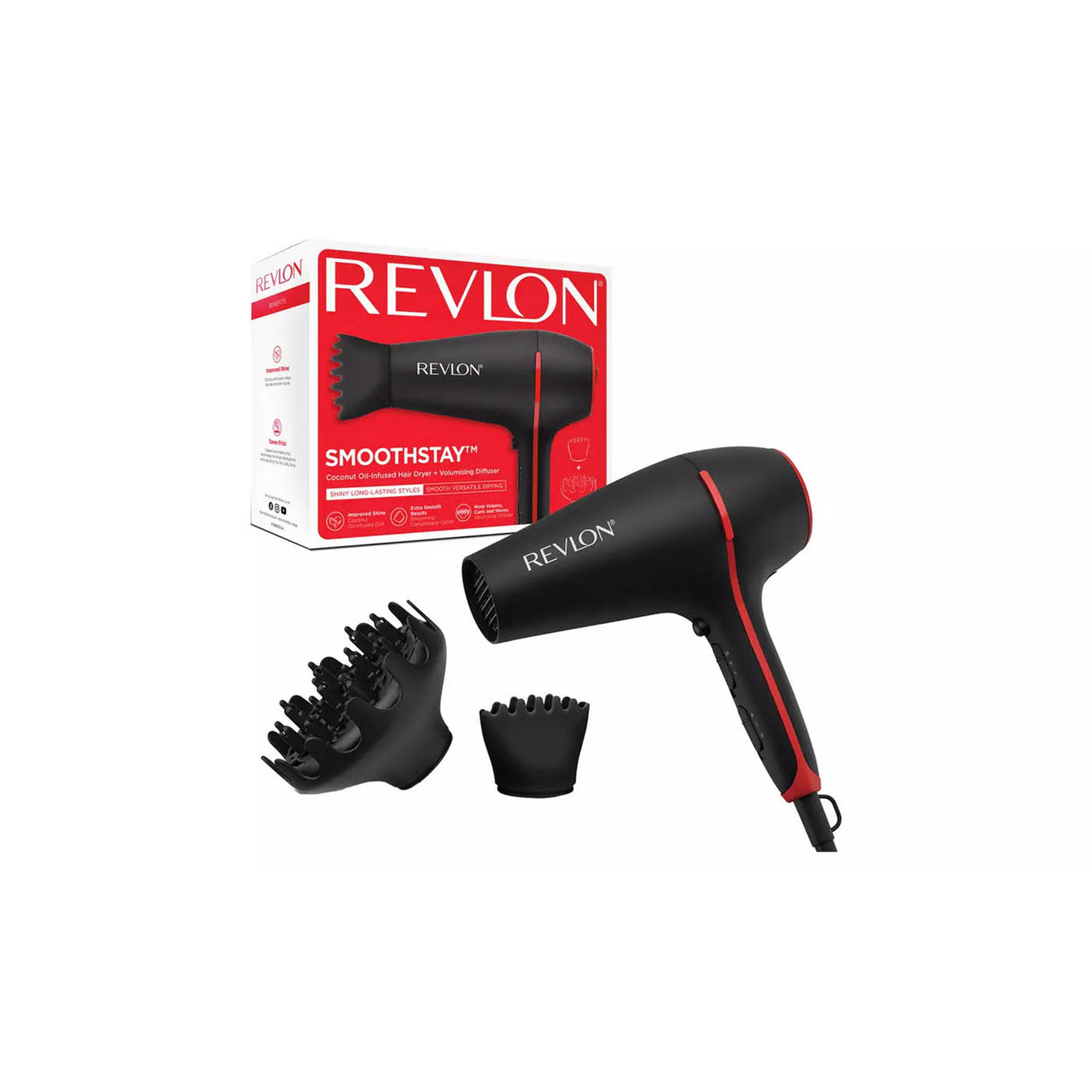 Revlon Hair Dryer With Diffuser Smoothstay Coconut Oil Infused Modern Portable - Image 1
