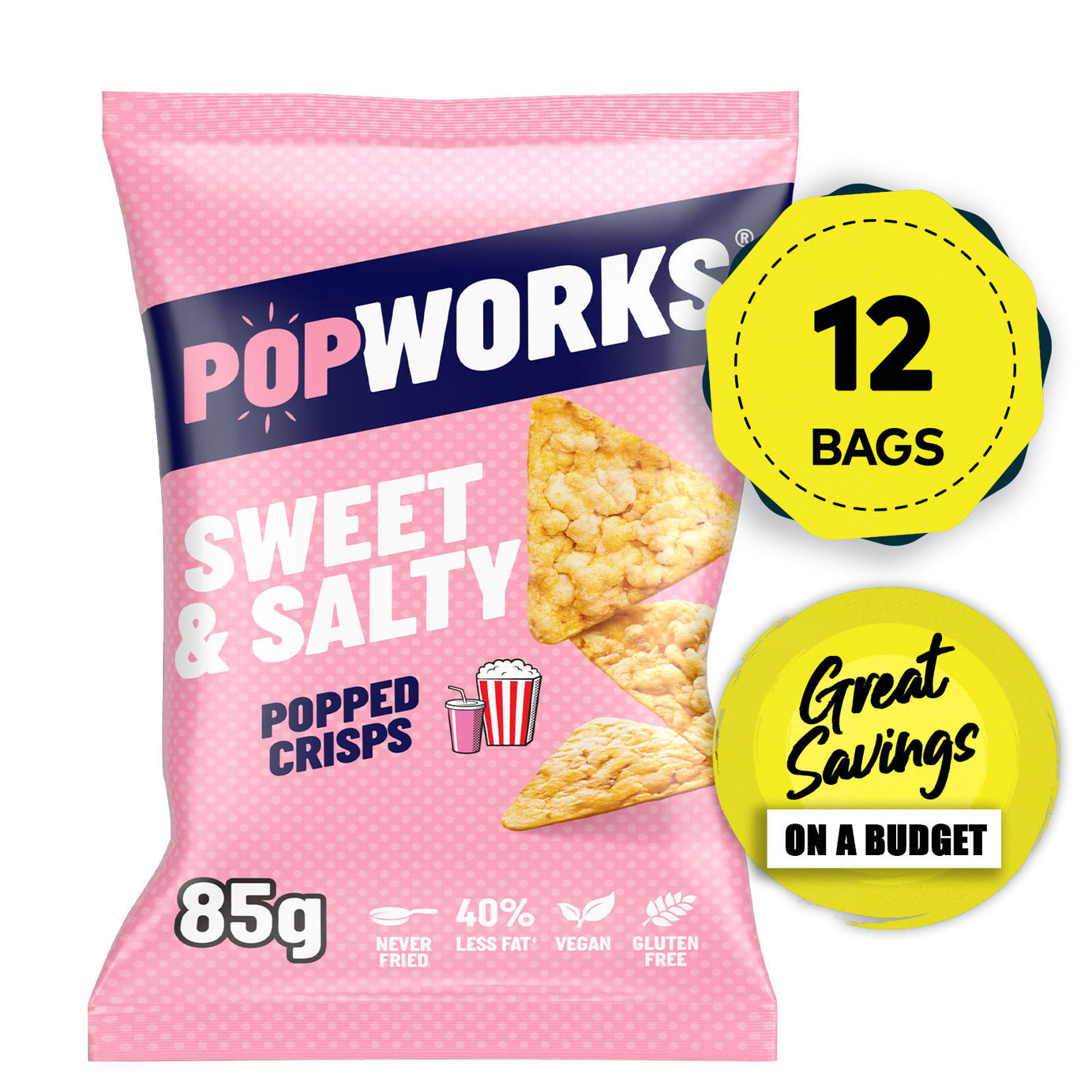 PopWorks Crisps Sweet And Salty Sharing Popped Snacks 12 Bags x 85g - Image 1