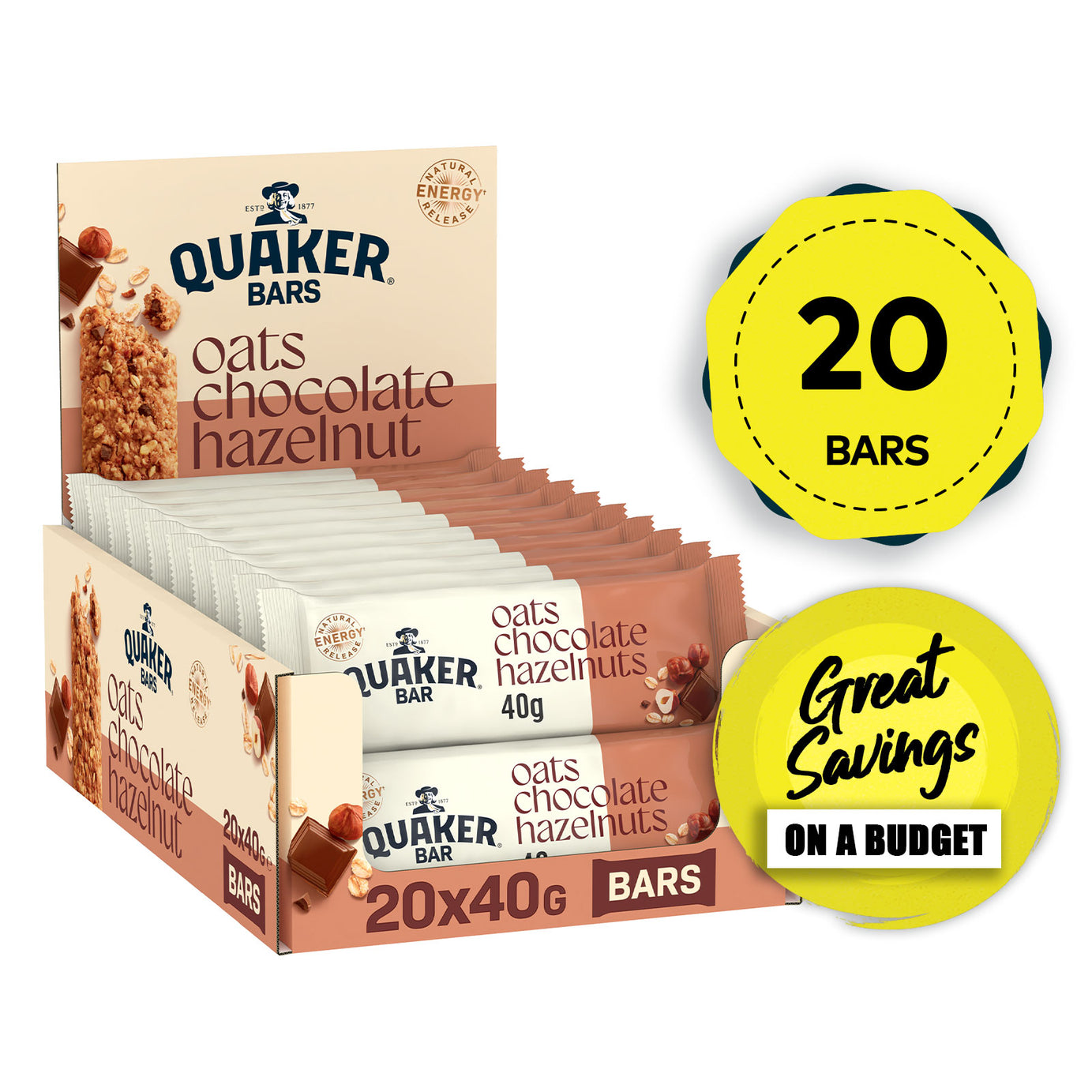 Quaker Breakfast Bar Oat Cereal Bar with Chocolate & Hazelnuts 20 x 40g - Image 1