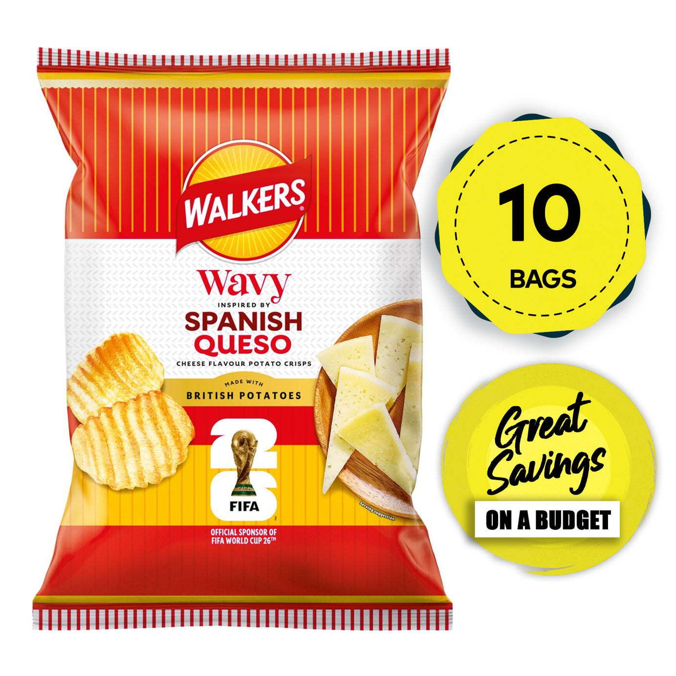 Walkers Crisps Wavy Spanish Queso Cheese Sharing Bag Snacks 9 x 150g - Image 1