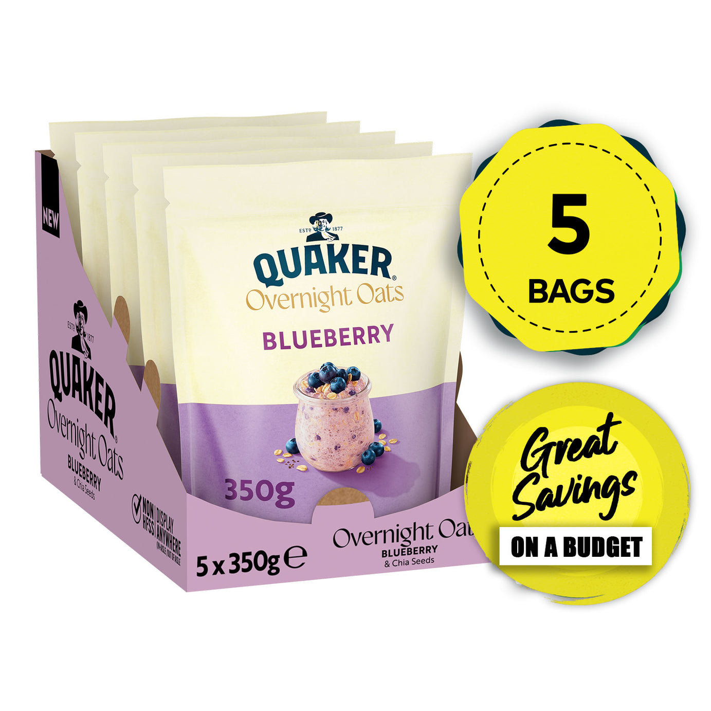 Quaker Overnight Oats Blueberry Cereal 5 x 350g - Image 1