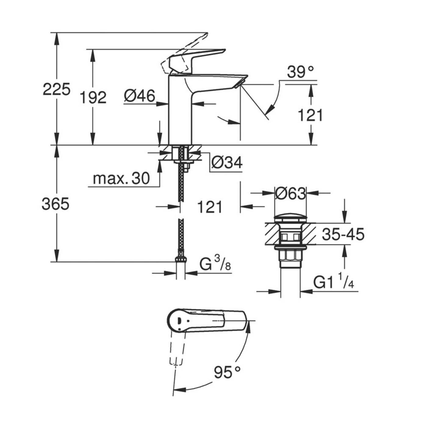 Grohe Basin Mixer Tap Quickfix Matt Black 192mm Single Lever With Clicker Waste - Image 2