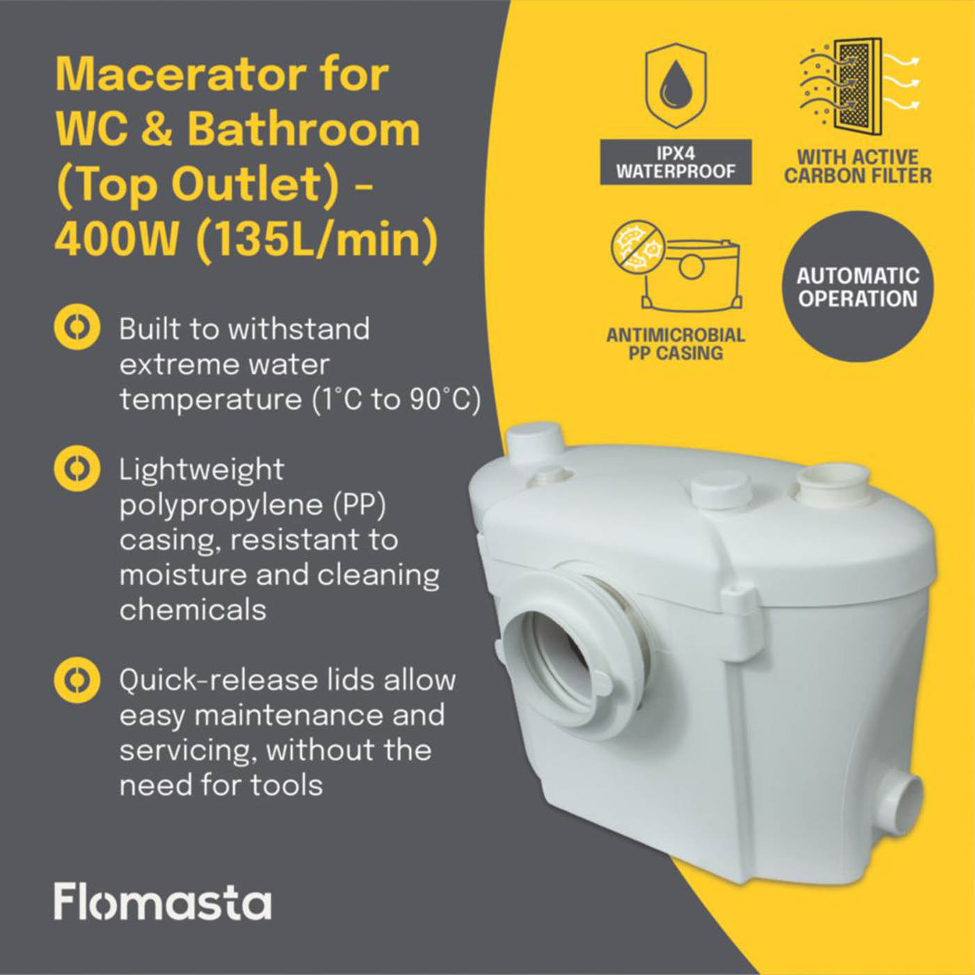 Flomasta  Macerator Pump WC Bathroom Shower Basin Top Outlet Quiet 400W - Image 2