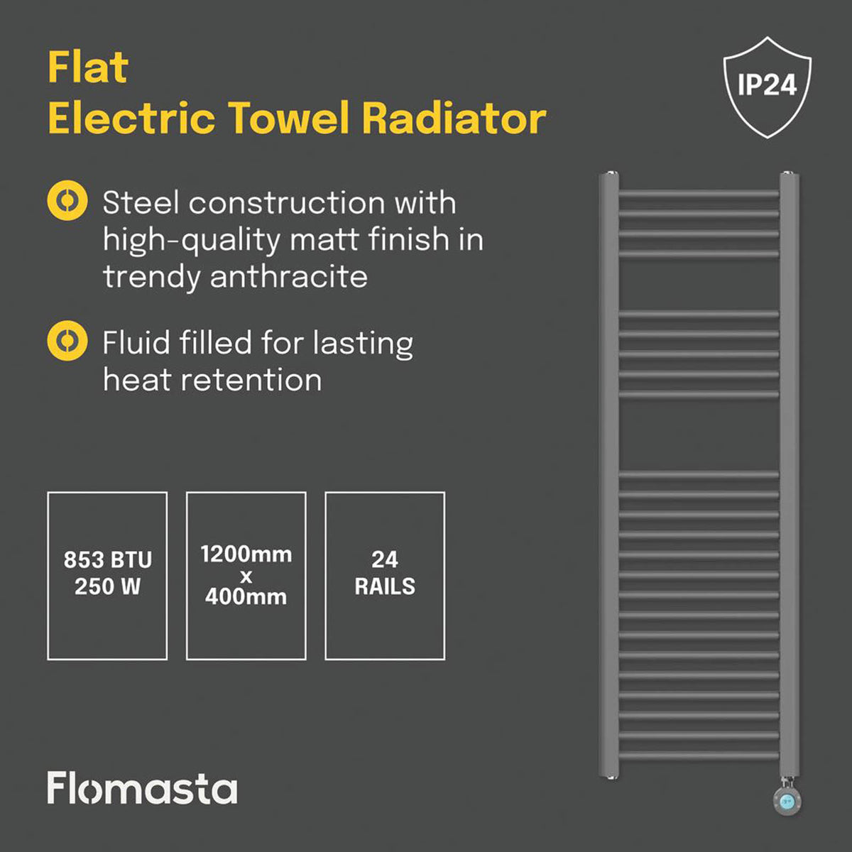Flomasta Electric Towel Radiator Anthracite Flat Bathroom Warmer H120xW40cm - Image 4