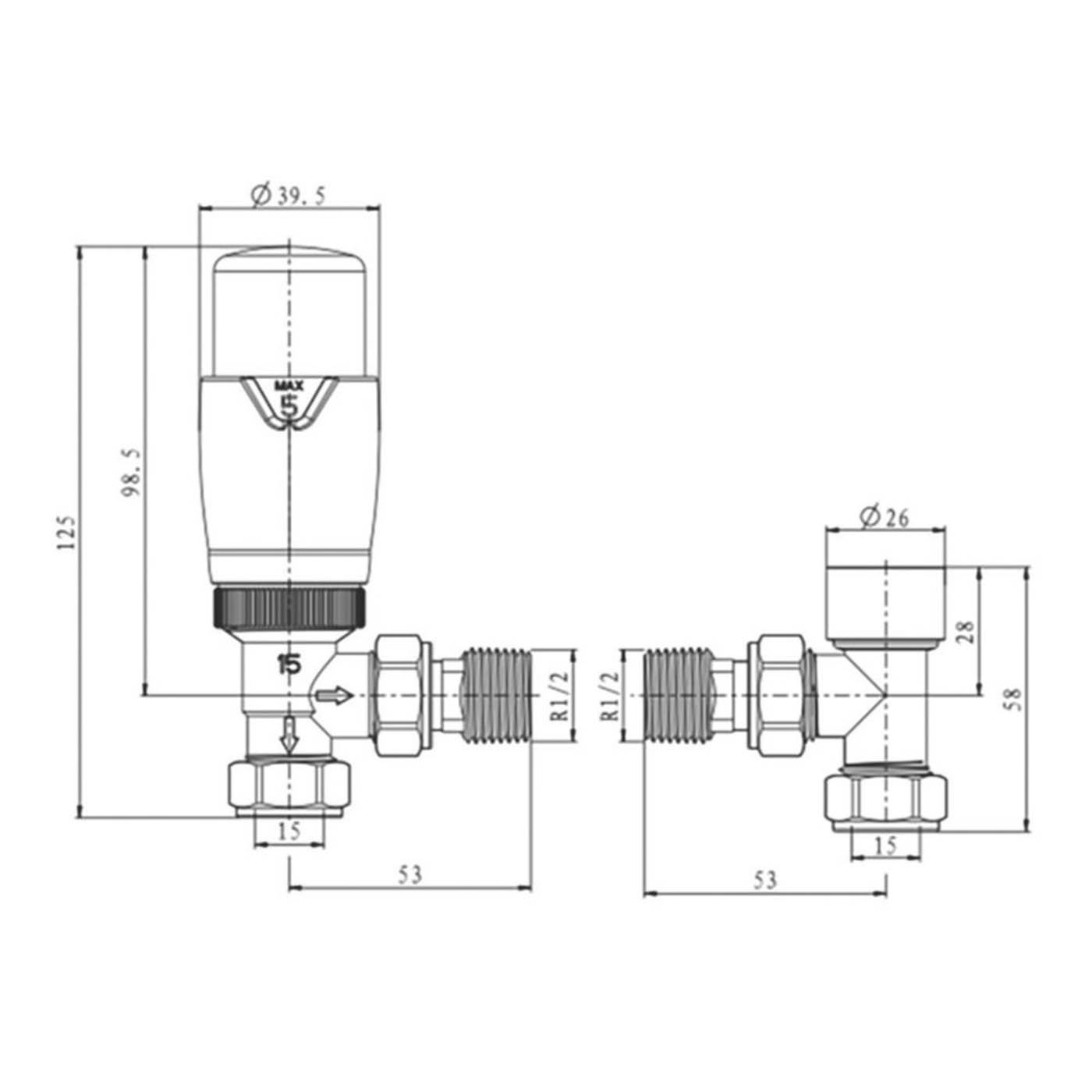 Reina Thermostatic Radiator Valve And Lockshield 15x15mm Modal TRV Chrome Angled - Image 3
