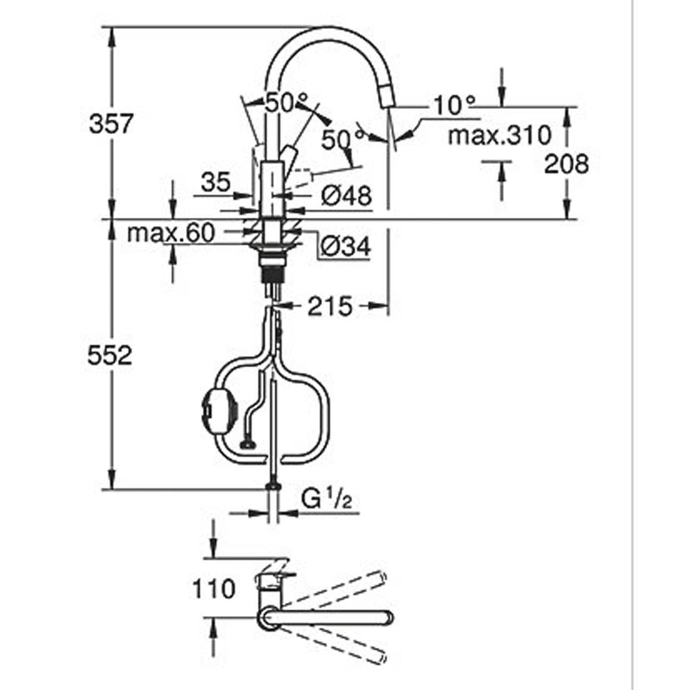 Grohe Kitchen Sink Tap Mixer Chrome Single Lever Swivel Spout Modern Faucet - Image 3