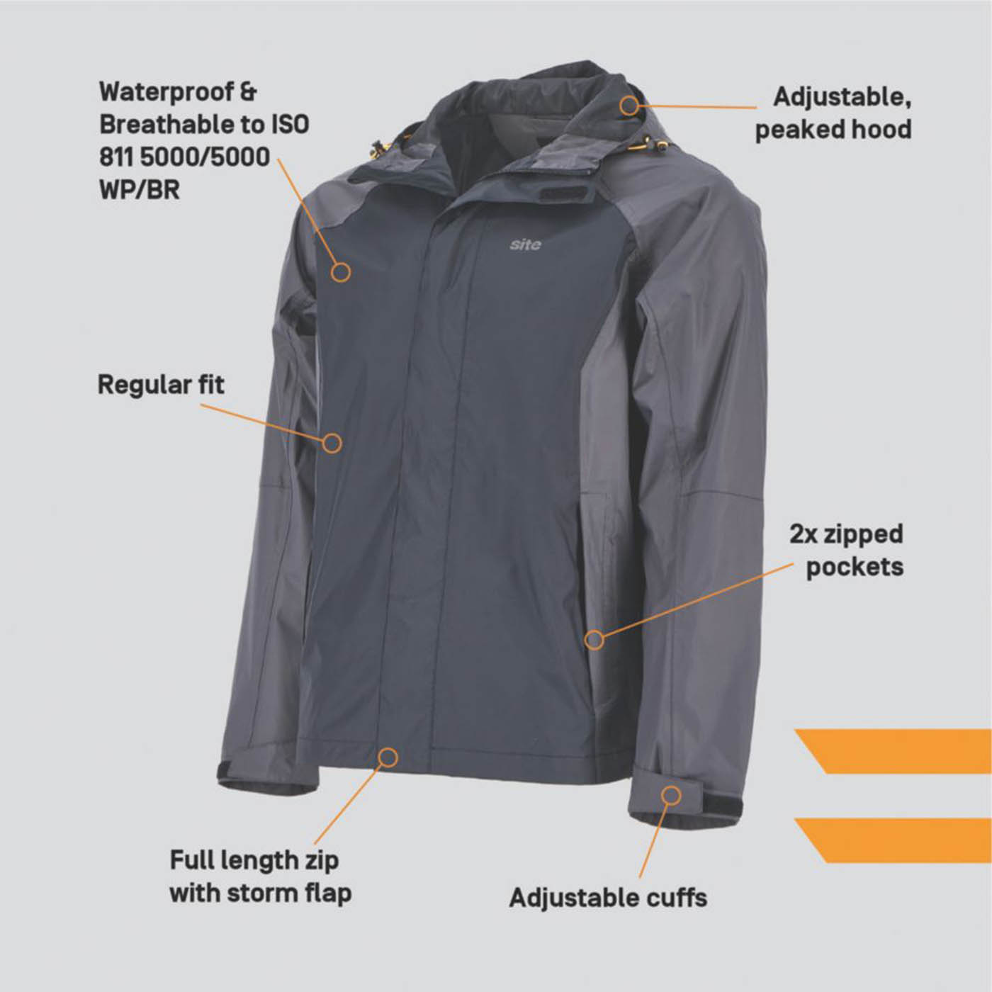 Site Work Jacket Mens Grey Black Waterproof Lightweight Large Size 50" Chest - Image 3