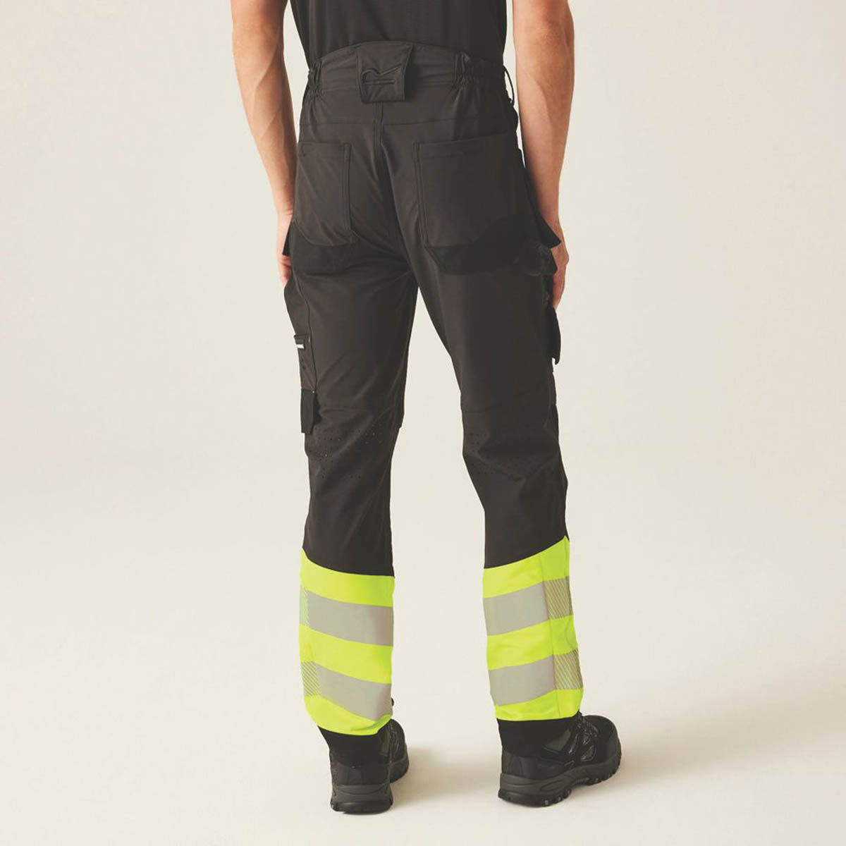 Regatta Hi Vis Work Trousers Mens Slim Fit Black Yellow Multi Pockets 38"W 32"L - Image 4
