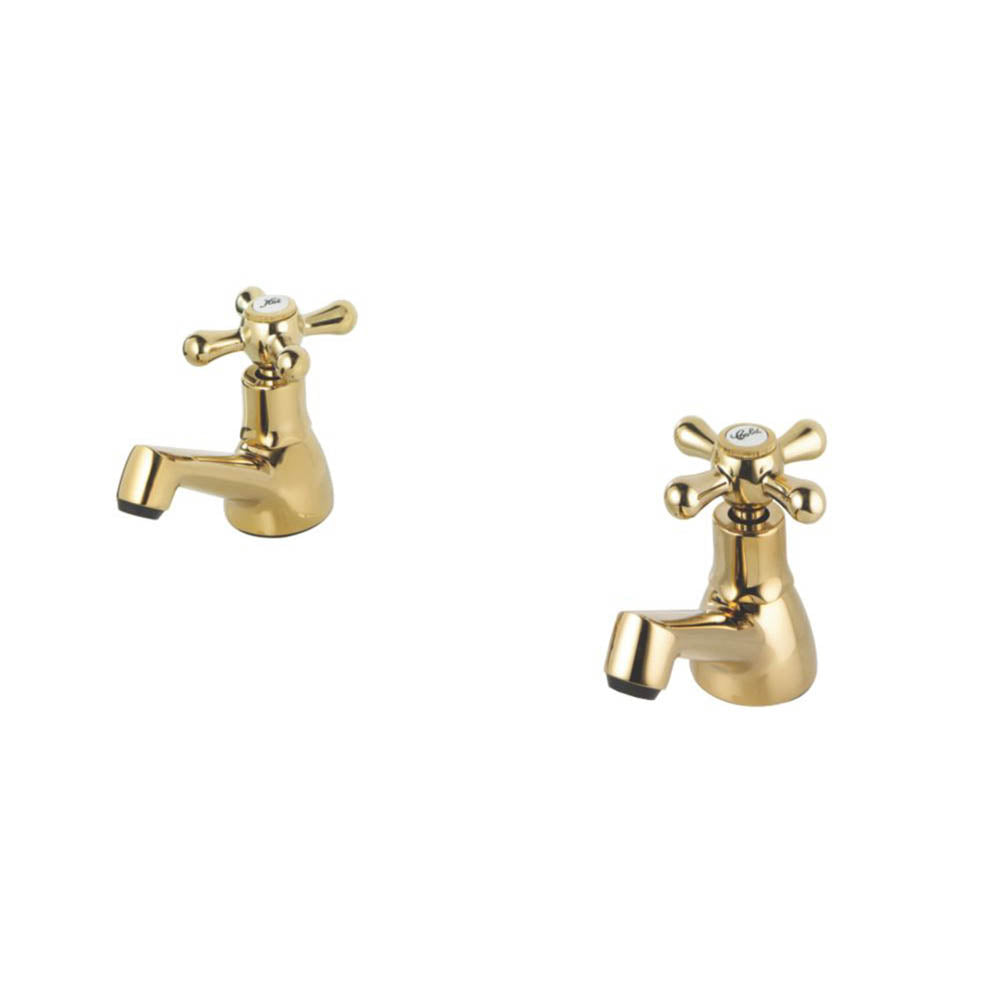 Swirl Bathroom Basin Pillar Tap Polished Gold Full Turn Cross Head Cold Hot Pair - Image 1