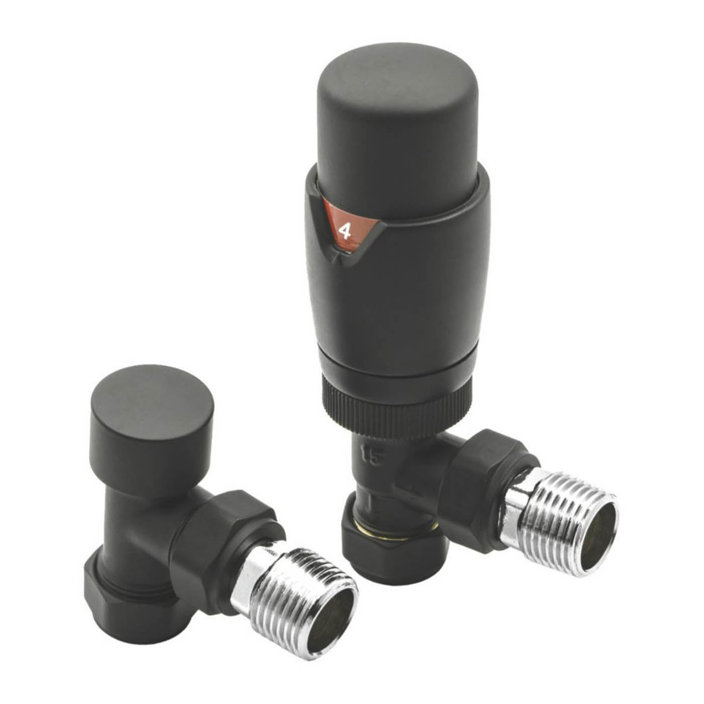 Reina Thermostatic Radiator Valve And Lockshield 15x15mm Modal TRV Black Angled - Image 1