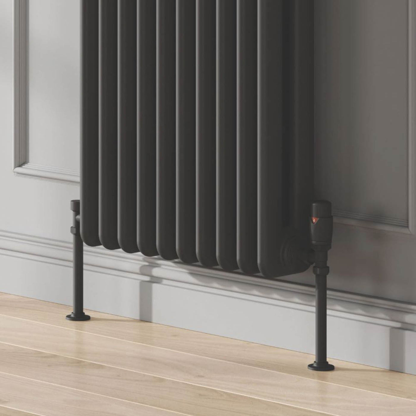 Reina Thermostatic Radiator Valve And Lockshield 15x15mm Modal TRV Black Angled - Image 2