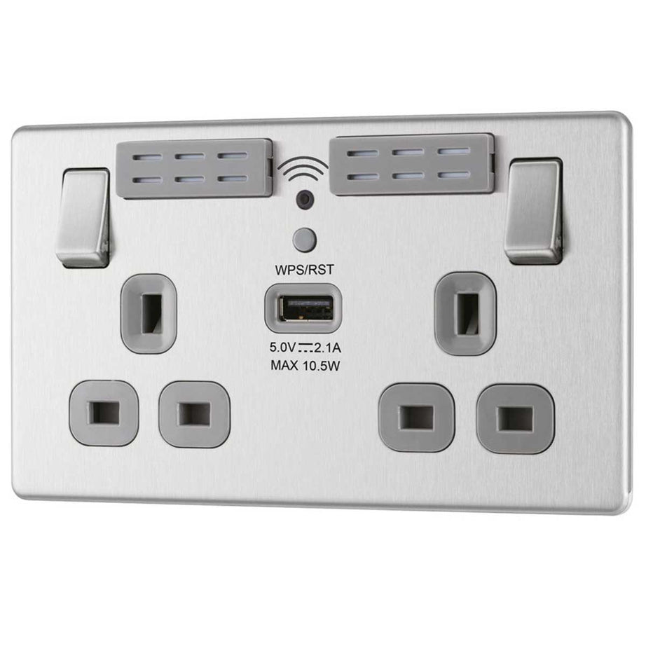 Switched Wall Socket Wi-Fi Type A USB Charger 13A 2-Gang Brushed Stainless Steel - Image 1