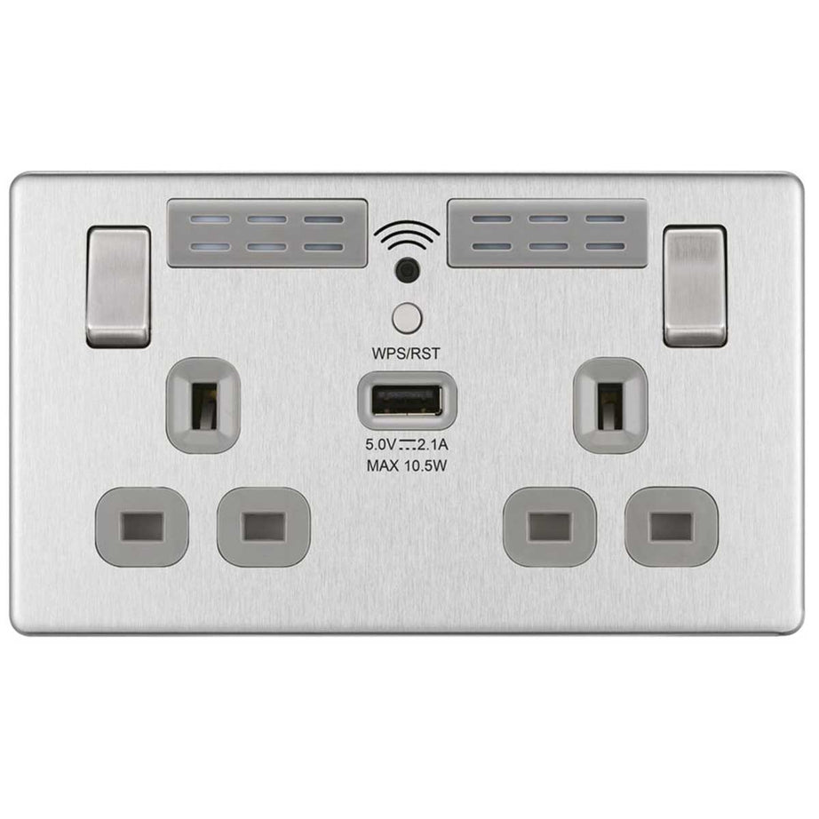 Switched Wall Socket Wi-Fi Type A USB Charger 13A 2-Gang Brushed Stainless Steel - Image 2