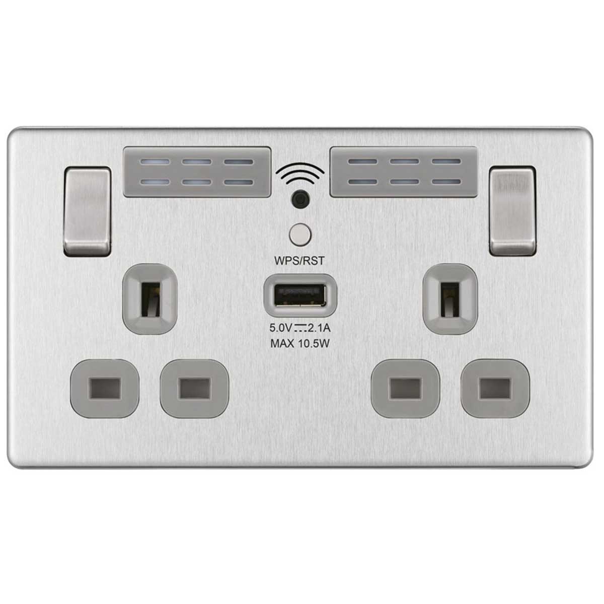 Switched Wall Socket Wi-Fi Type A USB Charger 13A 2-Gang Brushed Stainless Steel - Image 2