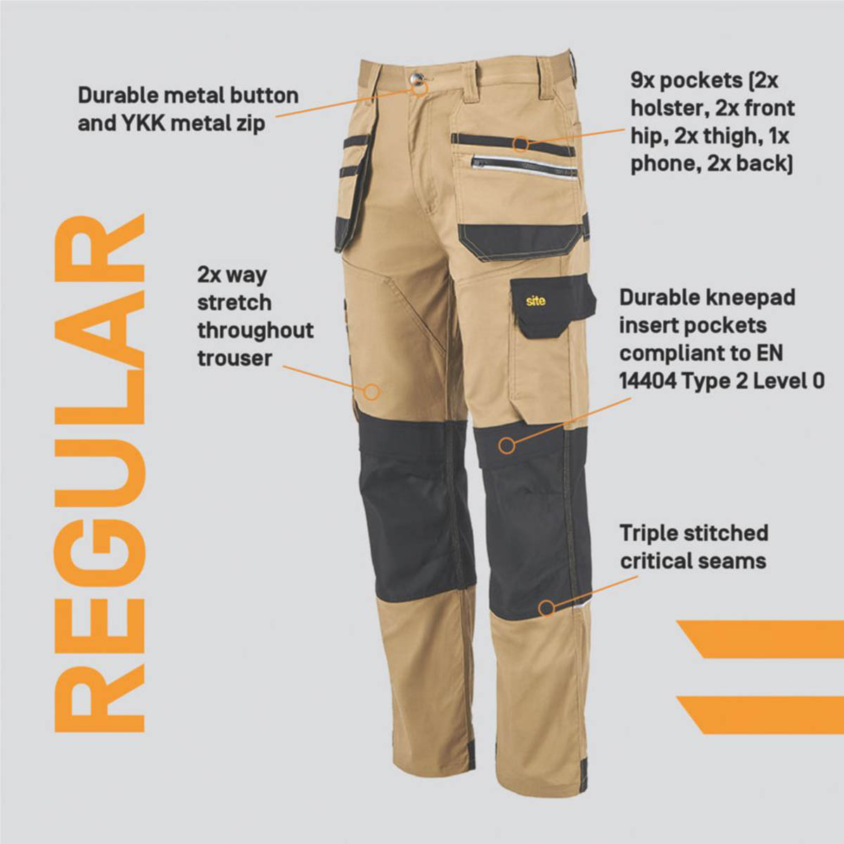 Site Mens Work Trousers Tan Black Stretch Cargo Holster Pockets 34" W 32" L - Image 3