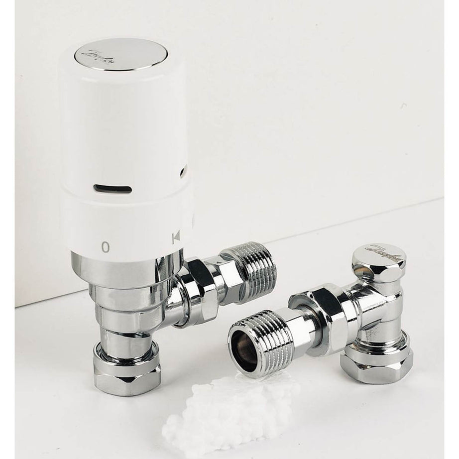 Radiator Valves White Angled Straight Thermostatic TRV Lockshield 10/15mm x 1/2" - Image 1