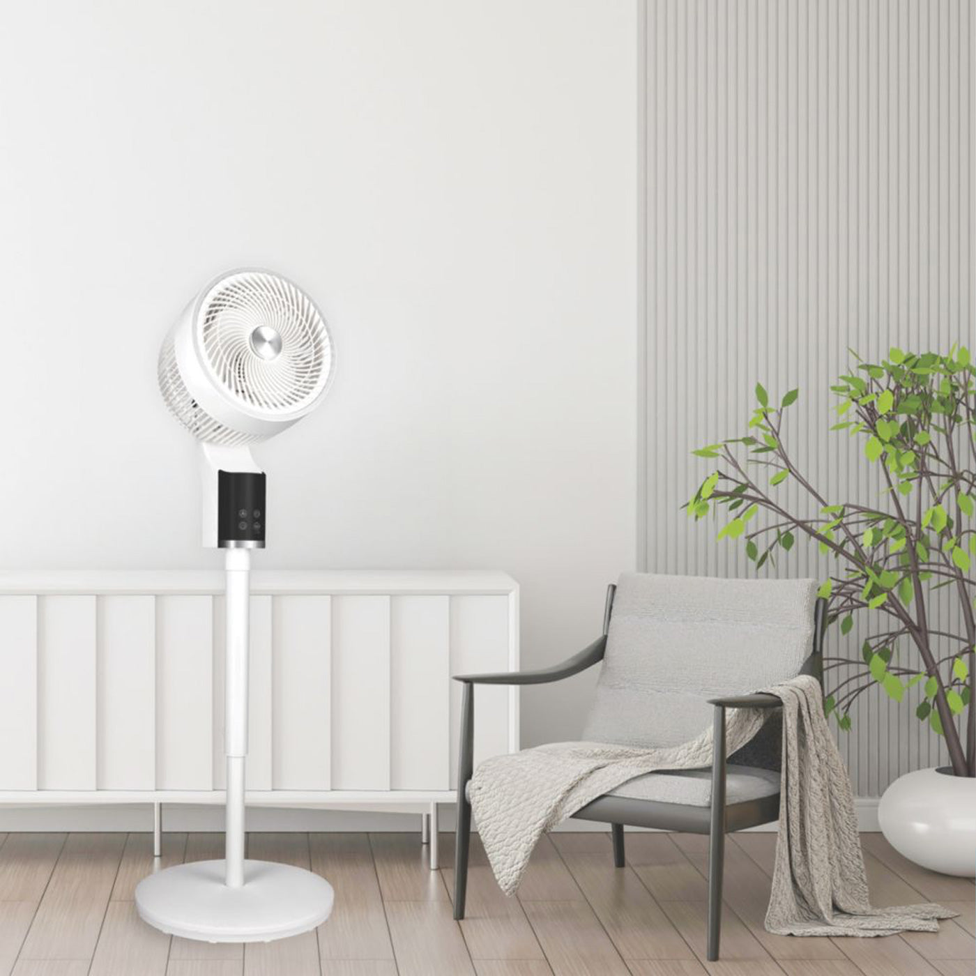 TCP Pedestal Fan LED Display 255mm White Silver 3 Speed Timer Adjustable Height - Image 3